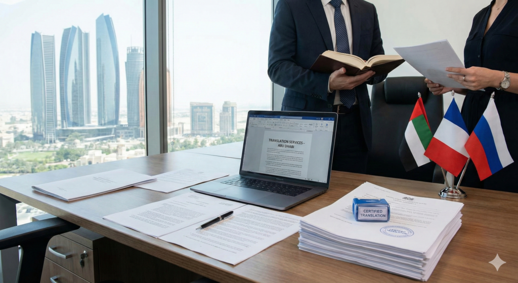 MOJ Approved Translator Stamp Abu Dhabi" and "Certified Russian Translation Office Abu Dhabi